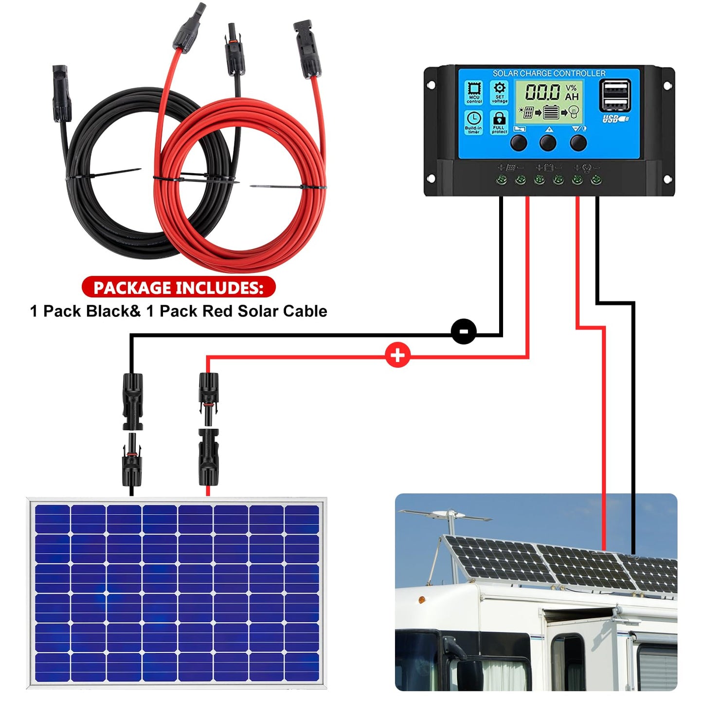 Solar Extension Cable with Waterproof Connectors for RV PV Systems