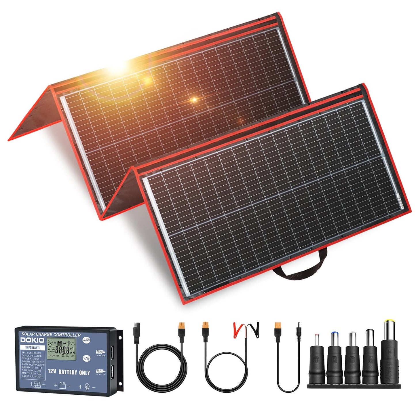 DOKIO Portable Foldable Solar Panel Kit, Compact Design with Standalone Controller and USB, Monocrystalline Charger for Batteries, Power Stations, RV Camping Emergency Use Emergency Use
