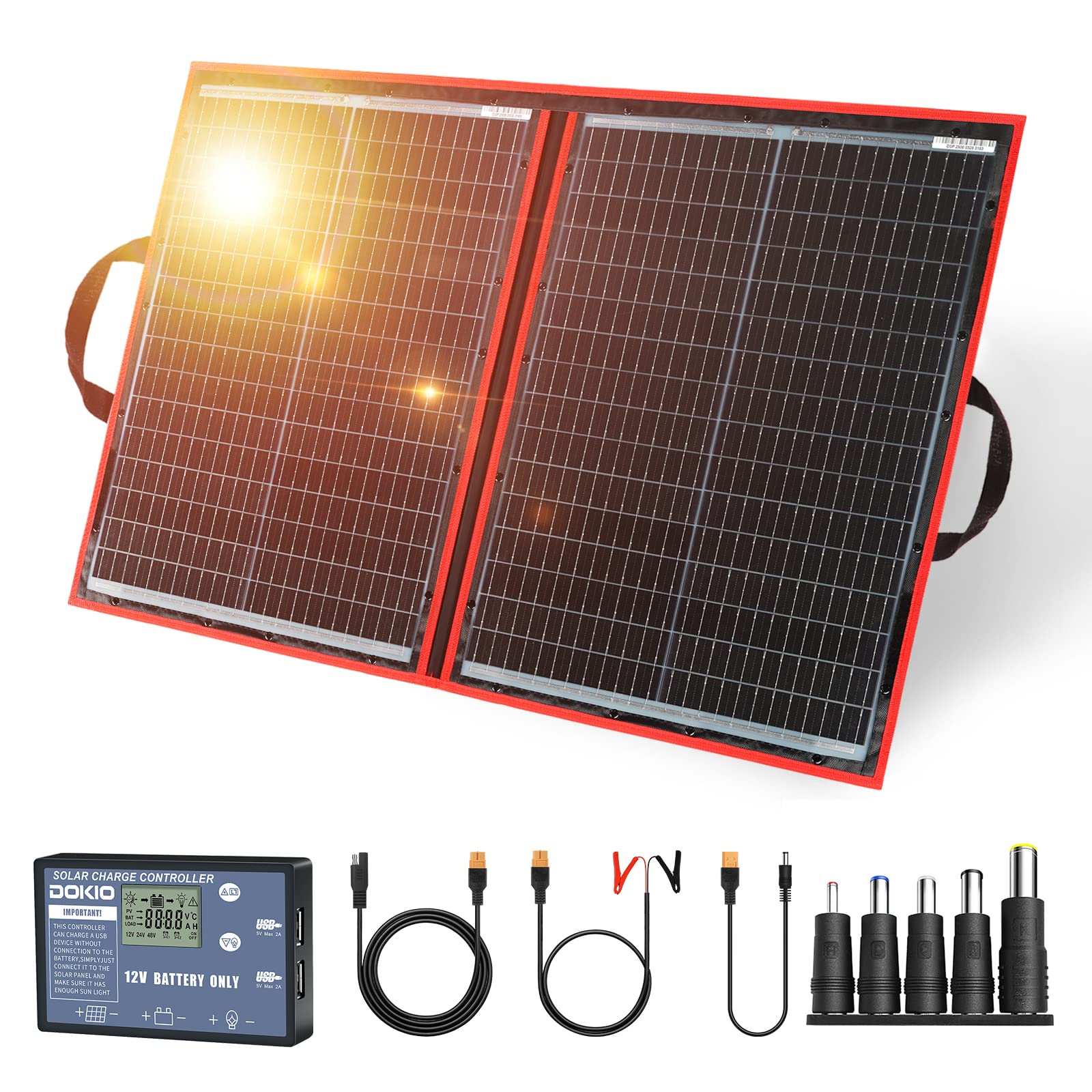DOKIO Portable Foldable Solar Panel Kit, Compact Design with Standalone Controller and USB, Monocrystalline Charger for Batteries, Power Stations, RV Camping Emergency Use Emergency Use